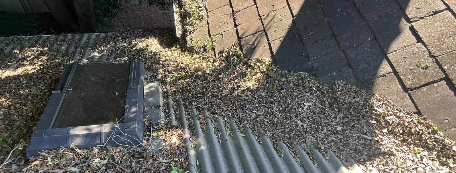 Roof valley and gutter packed with leaf litter